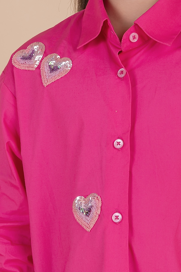 Pink Fine 60'S Poplin Sequins Heart Embroidered Shirt For Girls by Partykles at Pernia's Pop Up Shop