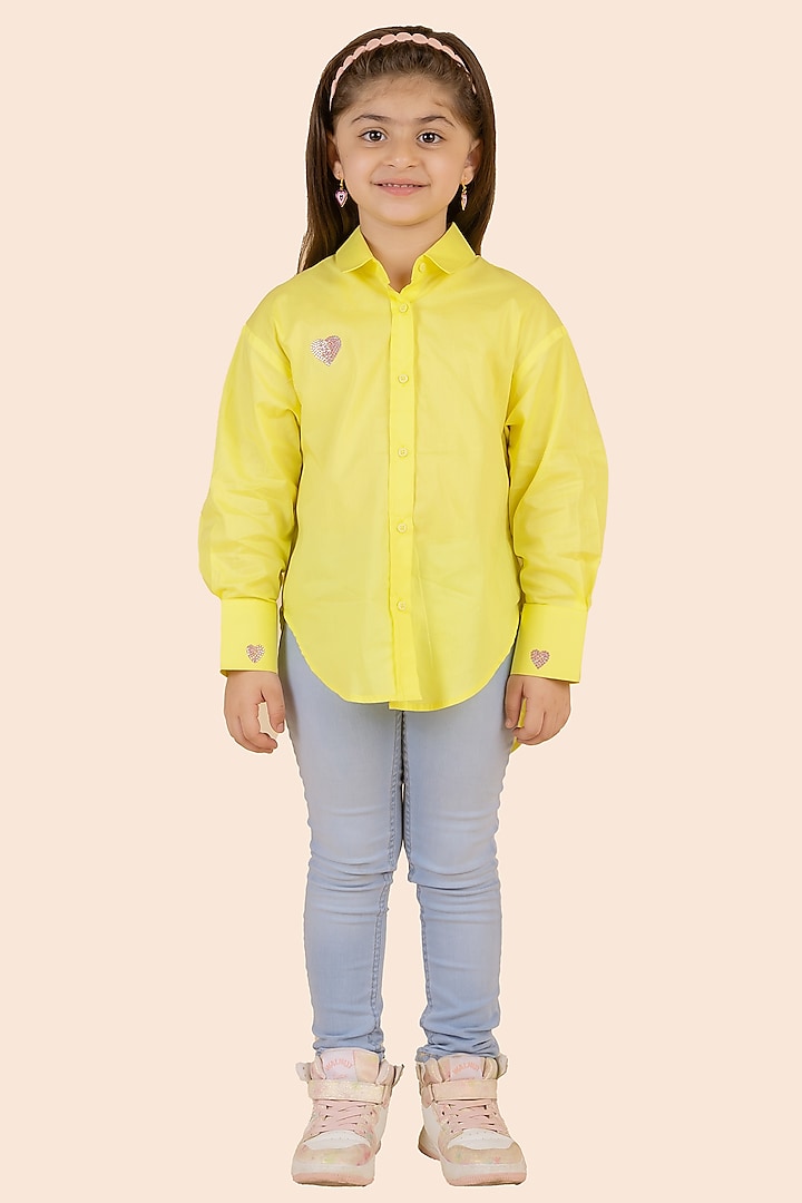 Yellow Fine 60'S Poplin Swarovski Heart Embroidered Shirt For Girls by Partykles at Pernia's Pop Up Shop