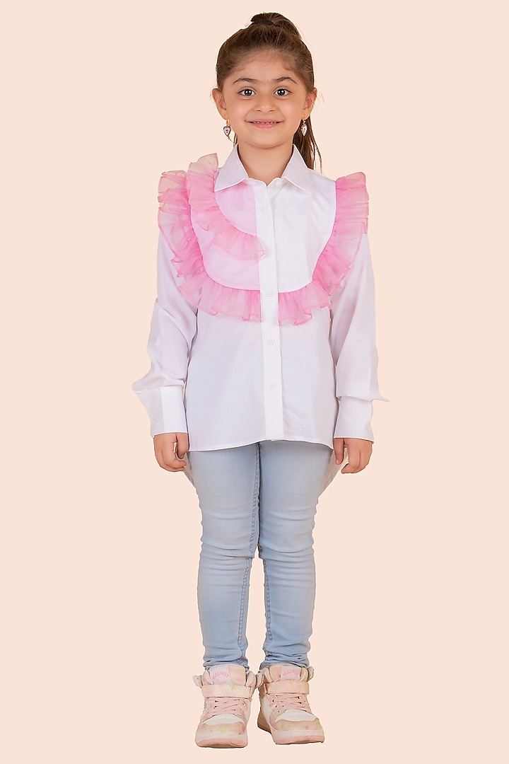 White Fine 60'S Poplin & Organza Frilled Shirt For Girls by Partykles at Pernia's Pop Up Shop