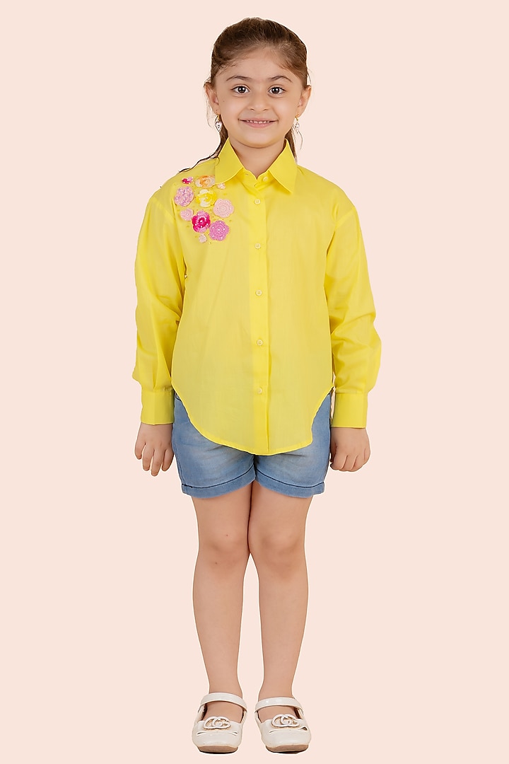 Yellow Fine 60'S Poplin Crochet Floral Work Shirt For Girls by Partykles at Pernia's Pop Up Shop