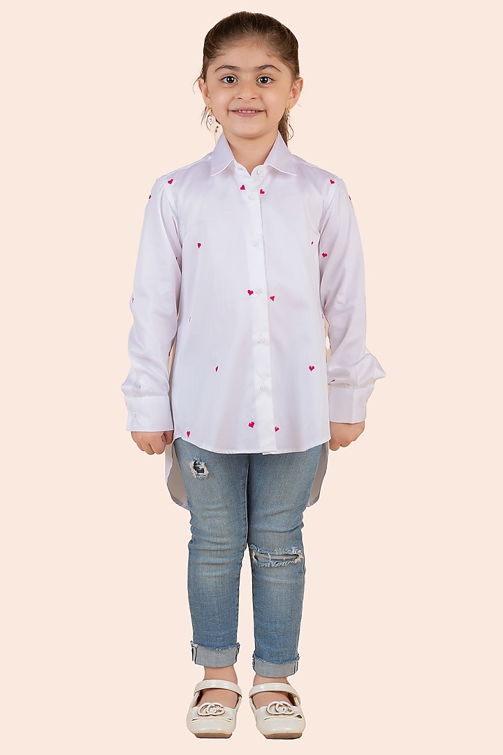 White Fine 60'S Poplin Thread Embroidered Shirt For Girls by Partykles at Pernia's Pop Up Shop