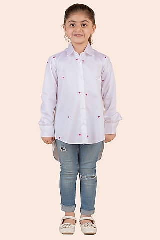 White Fine 60'S Poplin Thread Embroidered Shirt For Girls by Partykles