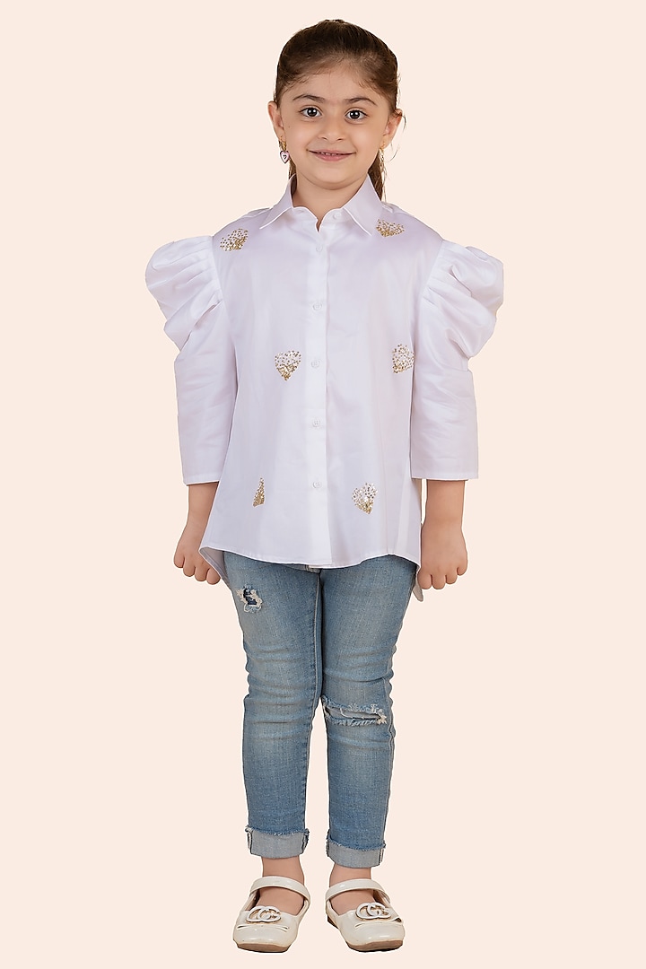 White Fine 60'S Poplin Sequins Embroidered Shirt For Girls by Partykles at Pernia's Pop Up Shop