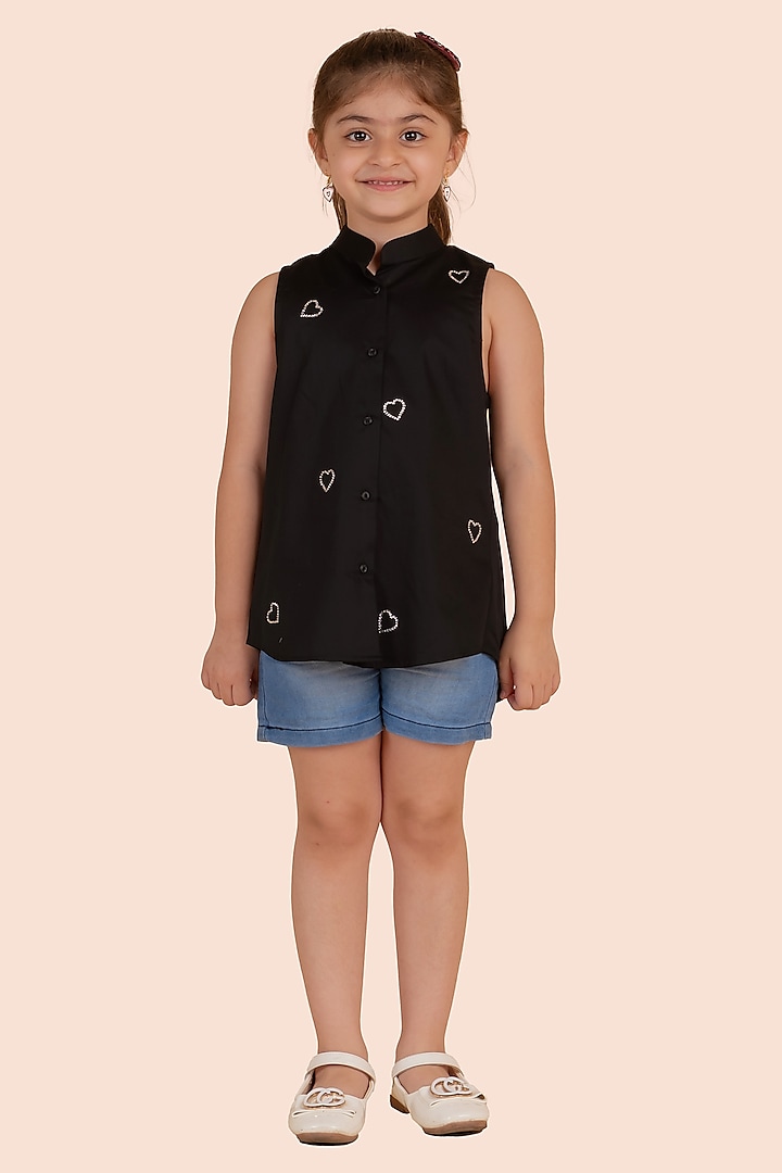 Black Cotton Satin Swarovski Embroidered Shirt For Girls by Partykles at Pernia's Pop Up Shop