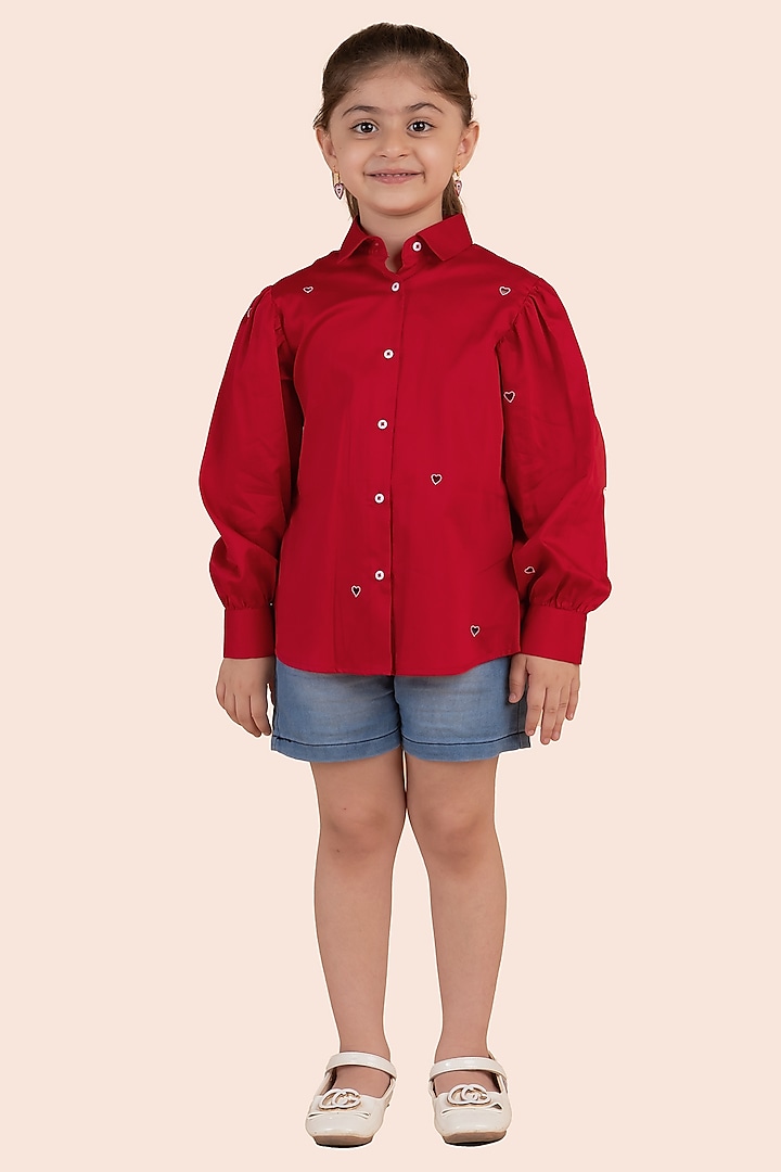 Red Fine 60'S Poplin Cutwork Embroidered Shirt For Girls by Partykles at Pernia's Pop Up Shop