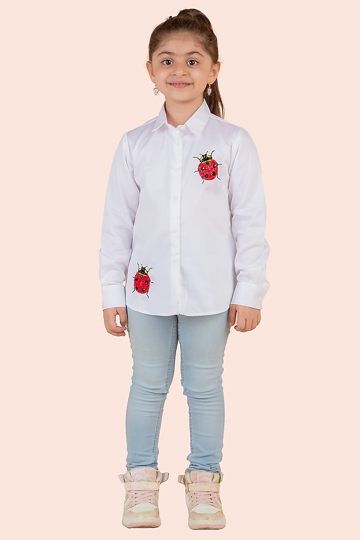 White Cotton Satin Embroidered Shirt For Girls by Partykles at Pernia's Pop Up Shop