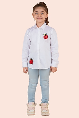 White Cotton Satin Embroidered Shirt For Girls by Partykles
