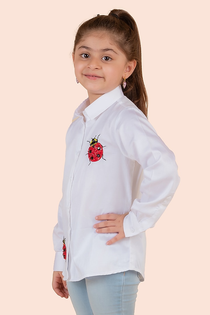 White Cotton Satin Embroidered Shirt For Girls by Partykles at Pernia's Pop Up Shop