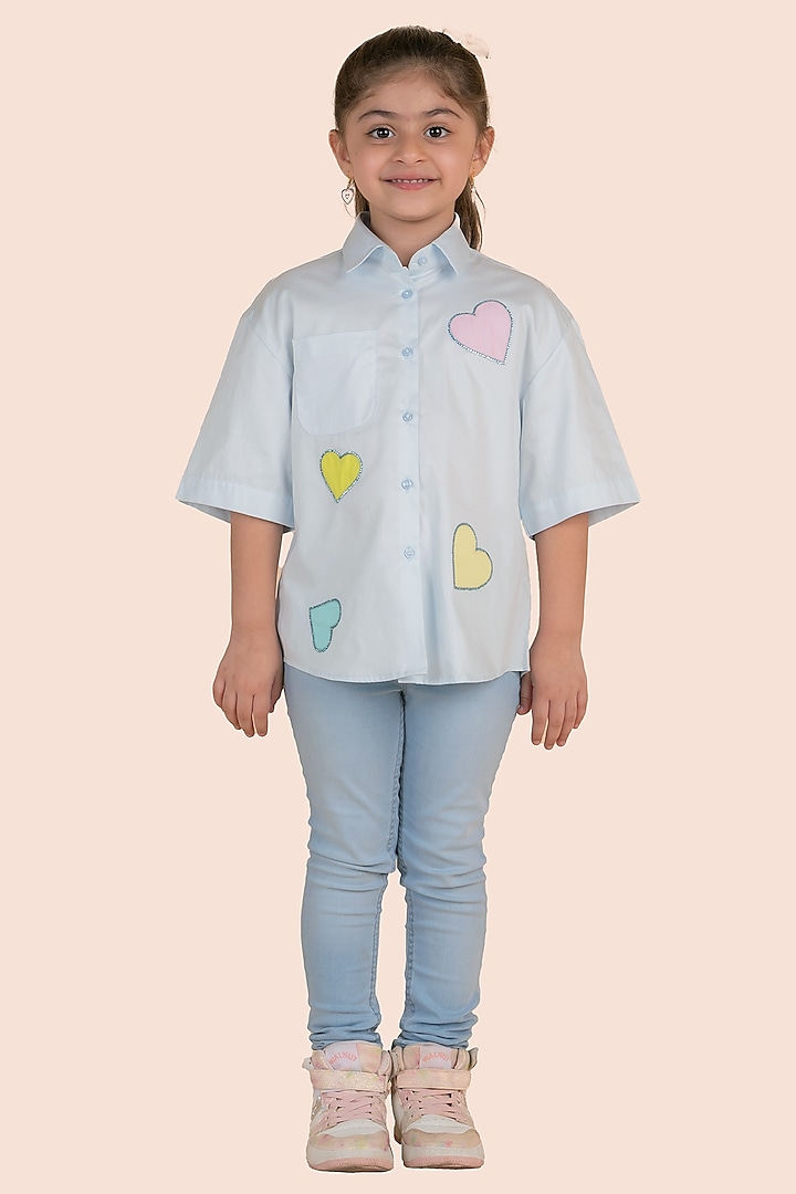 Blue Cotton Satin Swarovski Embroidered Shirt For Girls by Partykles at Pernia's Pop Up Shop