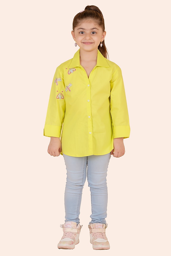 Neon Yellow Fine 60'S Poplin Embroidered Shirt For Girls by Partykles at Pernia's Pop Up Shop