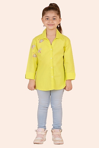 Neon Yellow Fine 60'S Poplin Embroidered Shirt For Girls by Partykles