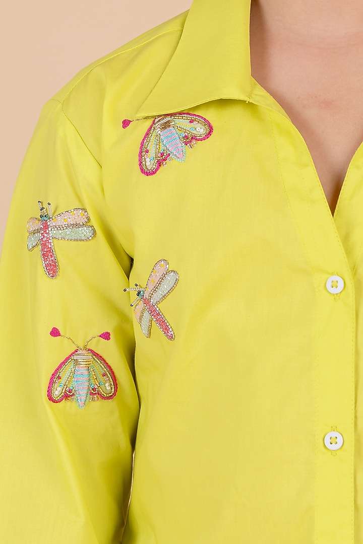 Neon Yellow Fine 60'S Poplin Embroidered Shirt For Girls by Partykles at Pernia's Pop Up Shop