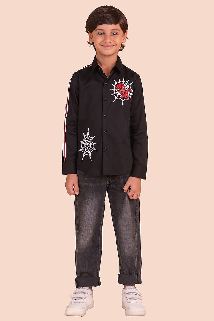 Black Cotton Embroidered Shirt For Boys by Partykles at Pernia's Pop Up Shop