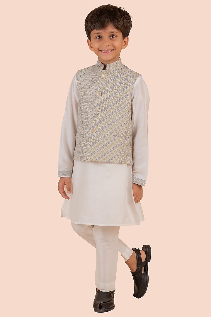 Multi-Colored Banarasi Silk Printed & Embroidered Bundi Jacket Set For Boys by Partykles at Pernia's Pop Up Shop