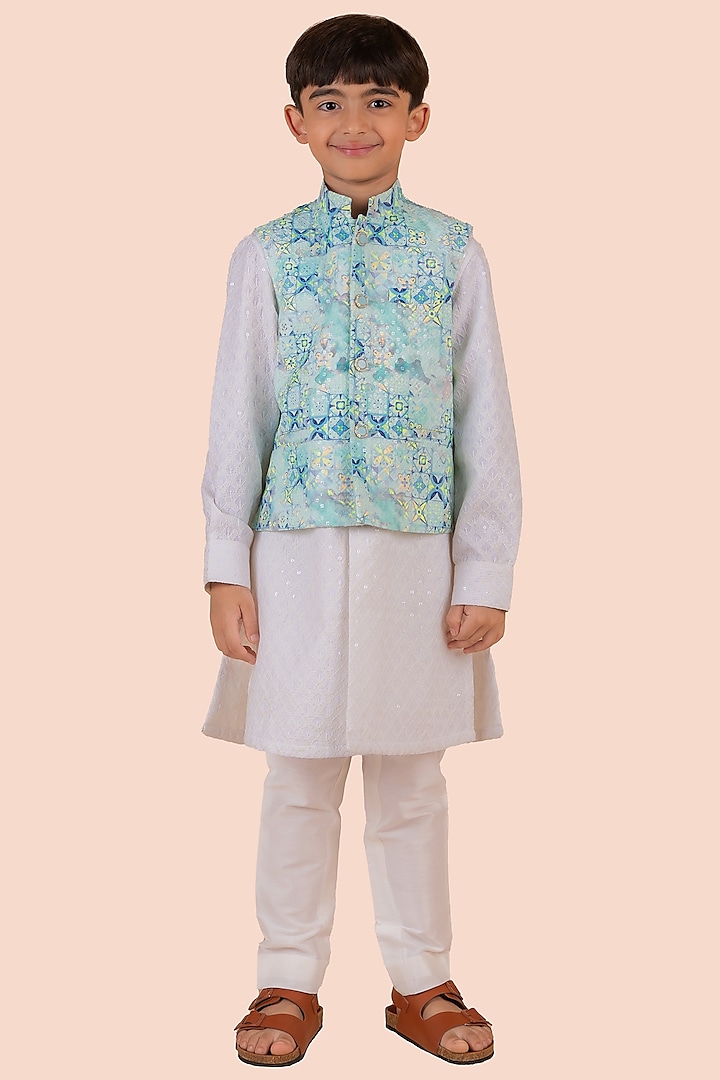 Off-White & Blue Chikankari Printed Bundi Jacket Set For Boys by Partykles at Pernia's Pop Up Shop