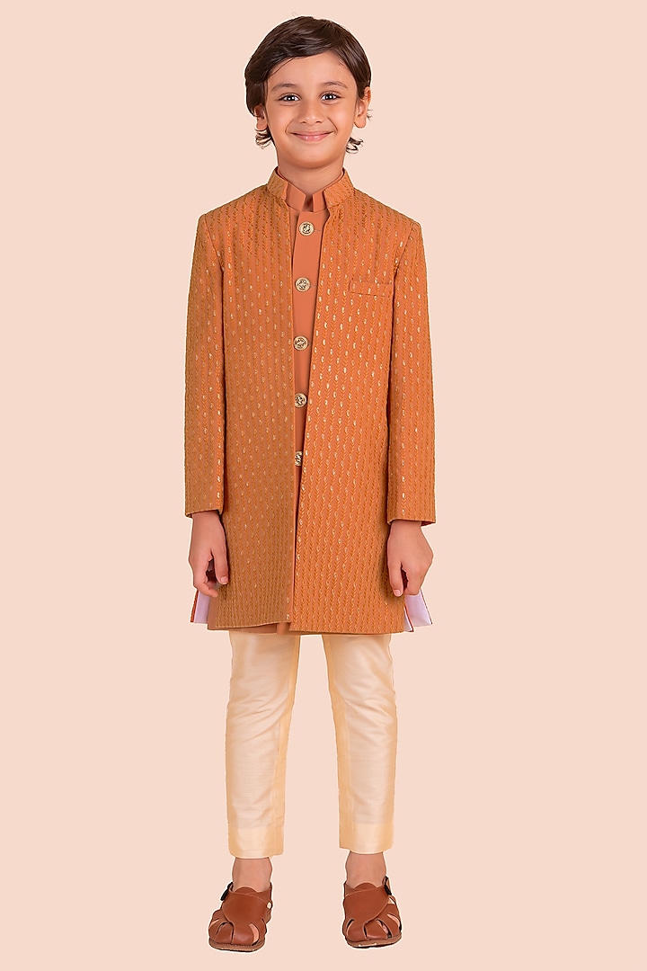 Rust Orange Suiting Embroidered Jodhpuri Set For Boys by Partykles