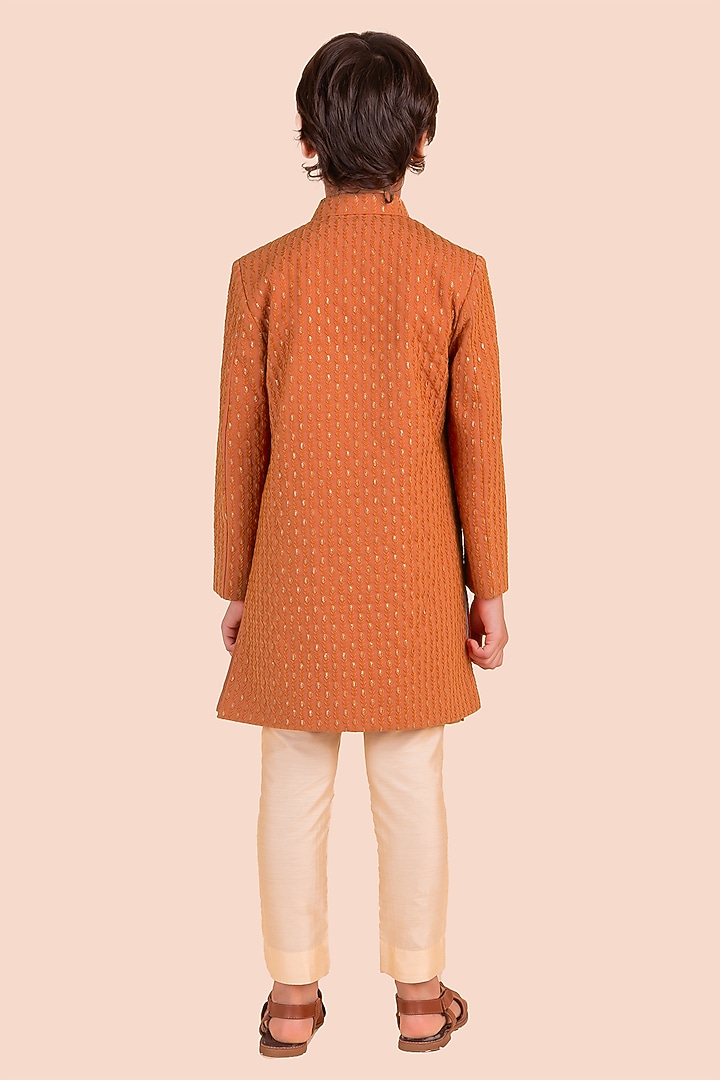 Rust Orange Suiting Embroidered Jodhpuri Set For Boys by Partykles at Pernia's Pop Up Shop