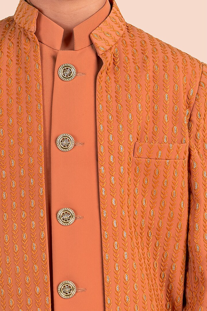 Rust Orange Suiting Embroidered Jodhpuri Set For Boys by Partykles at Pernia's Pop Up Shop