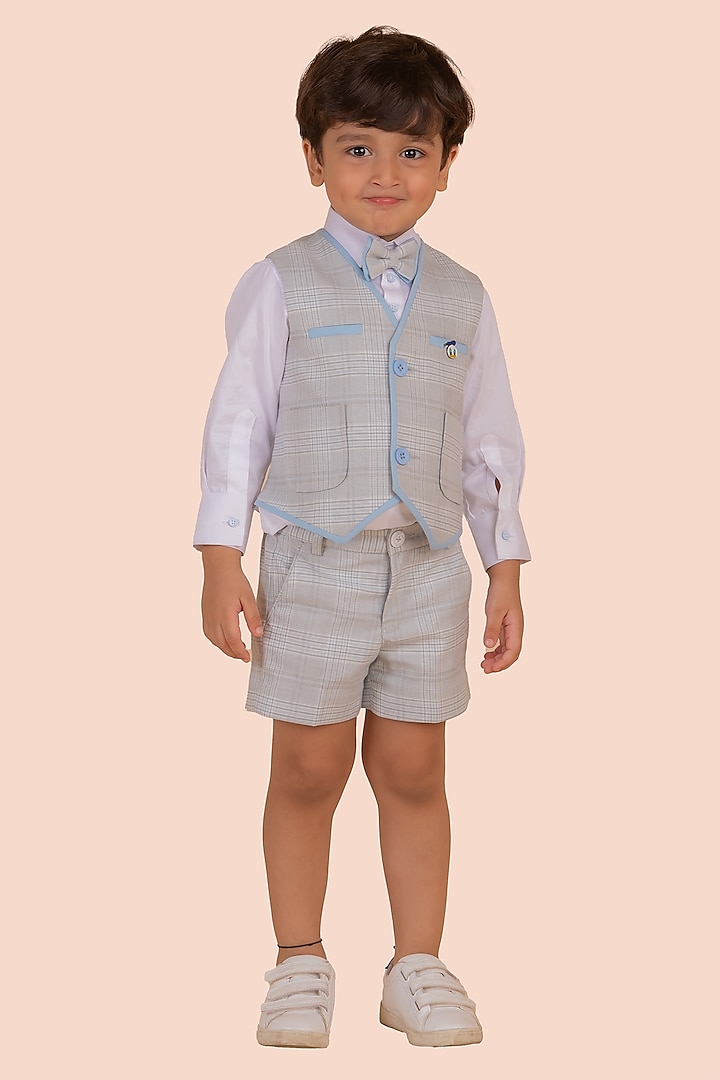 Blue Linen Waistcoat Set For Boys by Partykles