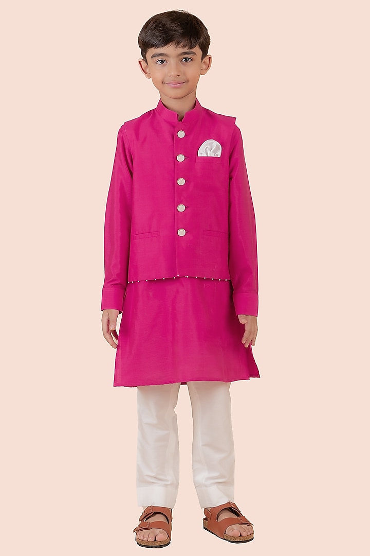 Rani Pink Cotton Pink Pearl Embroidered Bundi Jacket Set For Boys by Partykles