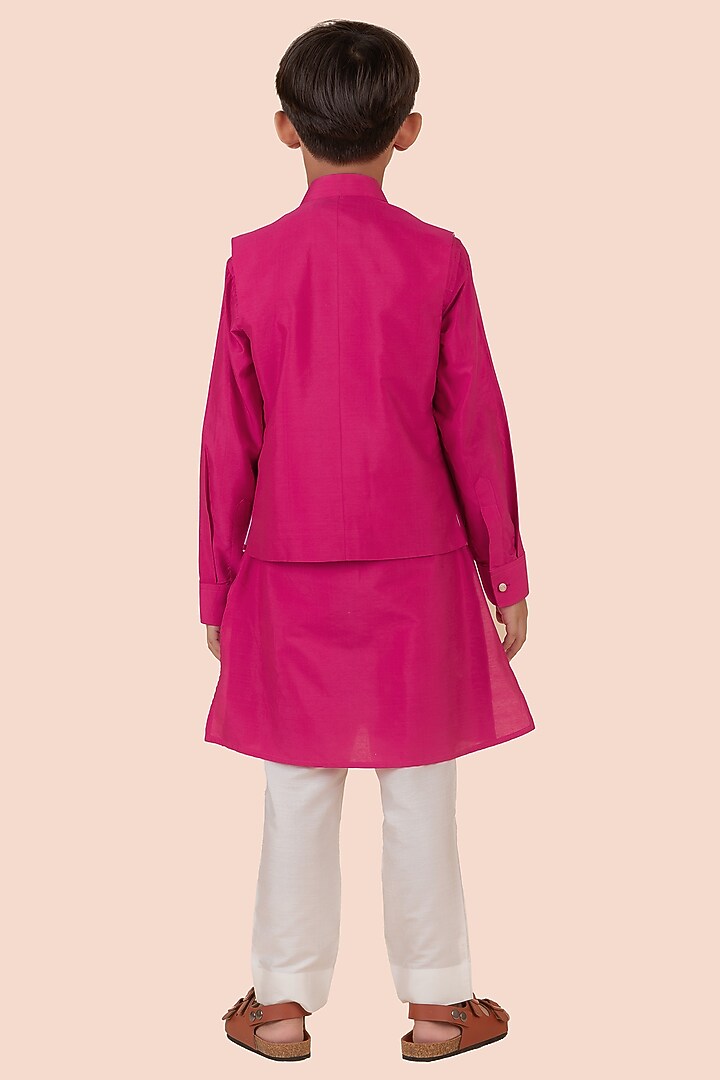 Rani Pink Cotton Pink Pearl Embroidered Bundi Jacket Set For Boys by Partykles at Pernia's Pop Up Shop