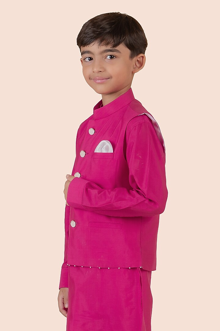 Rani Pink Cotton Pink Pearl Embroidered Bundi Jacket Set For Boys by Partykles at Pernia's Pop Up Shop