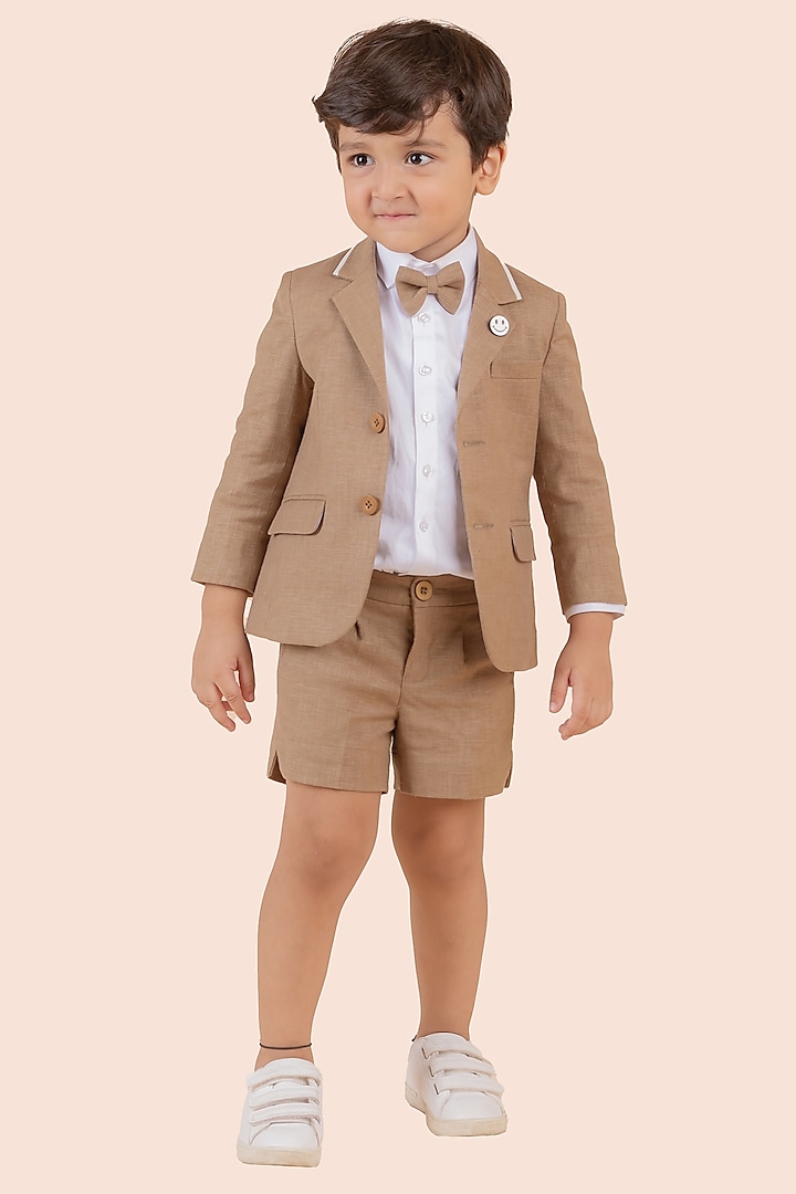 Brown Linen Blazer Set For Boys by Partykles at Pernia's Pop Up Shop