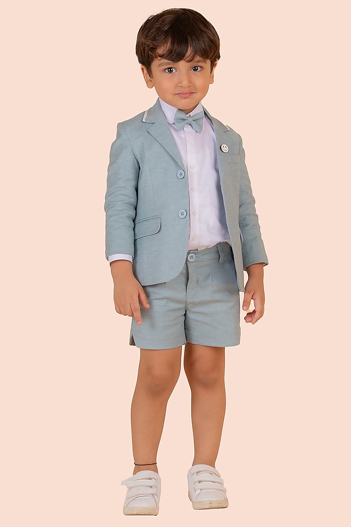 Blue Linen Blazer Set For Boys by Partykles