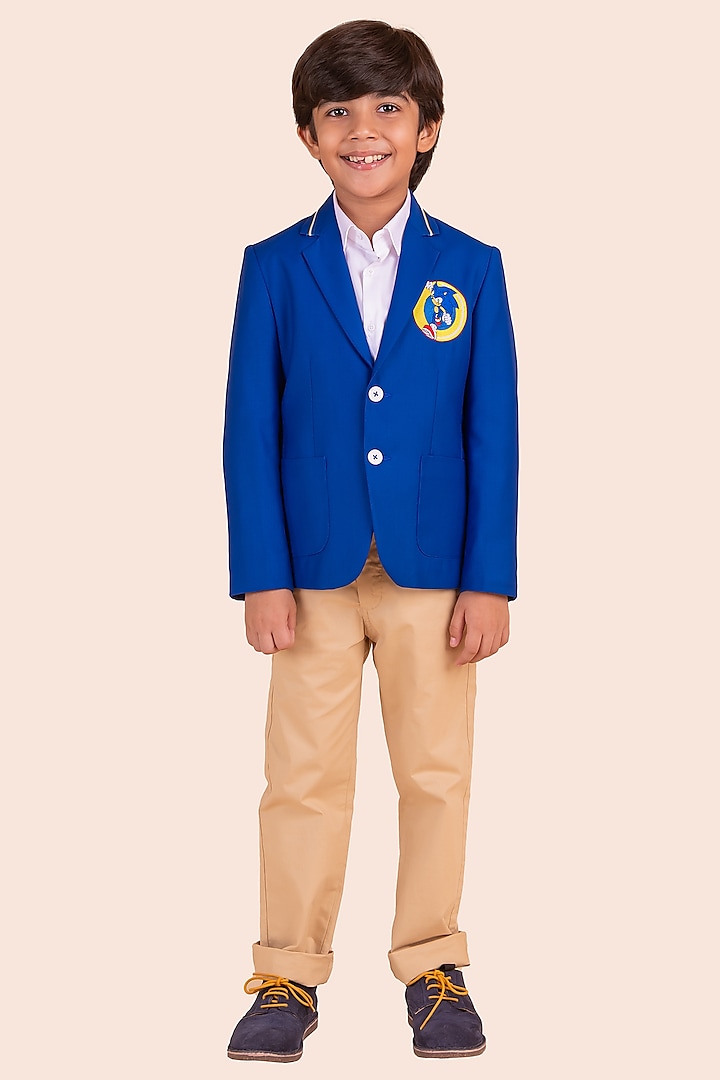 Blue Gabardine Embroidered Blazer For Boys by Partykles