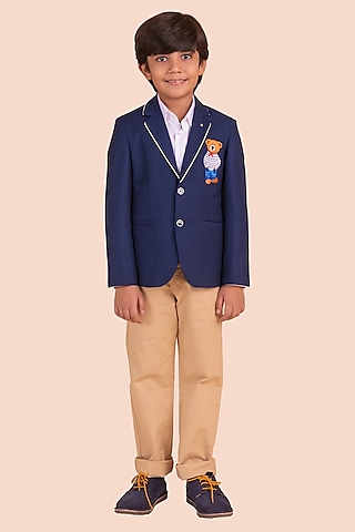 Navy Blue Gabardine Embroidered Blazer For Boys by Partykles