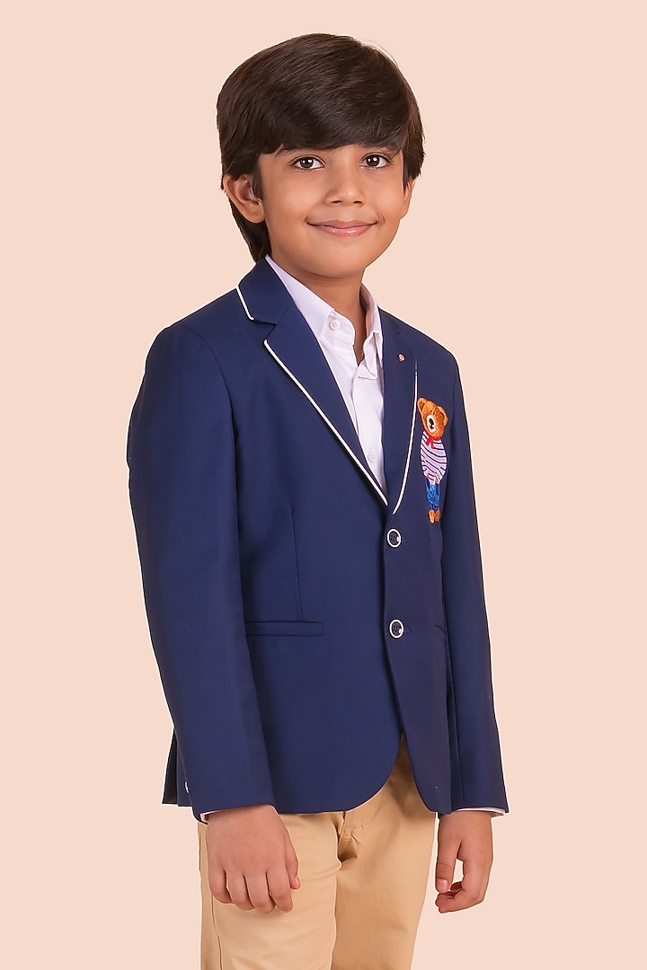 Navy Blue Gabardine Embroidered Blazer For Boys by Partykles at Pernia's Pop Up Shop