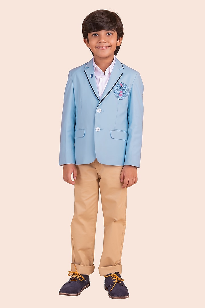 Blue Gabardine Embroidered Blazer For Boys by Partykles