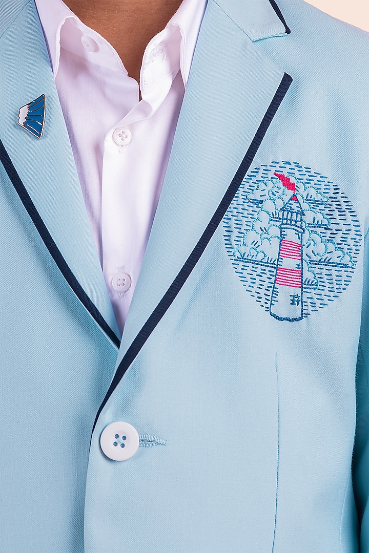 Blue Gabardine Embroidered Blazer For Boys by Partykles at Pernia's Pop Up Shop