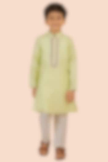 Lime Yellow Banarasi Silk Embroidered Kurta Set For Boys by Partykles at Pernia's Pop Up Shop