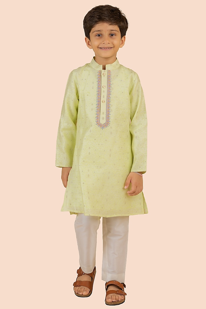 Lime Yellow Banarasi Silk Embroidered Kurta Set For Boys by Partykles at Pernia's Pop Up Shop