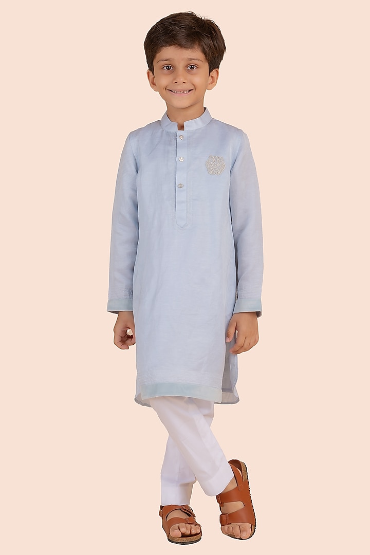 Blue Cotton Silk Embroidered Kurta Set For Boys by Partykles