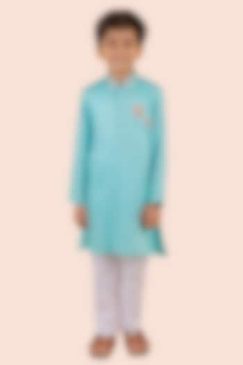 Blue Cotton Silk Embroidered Kurta Set For Boys by Partykles