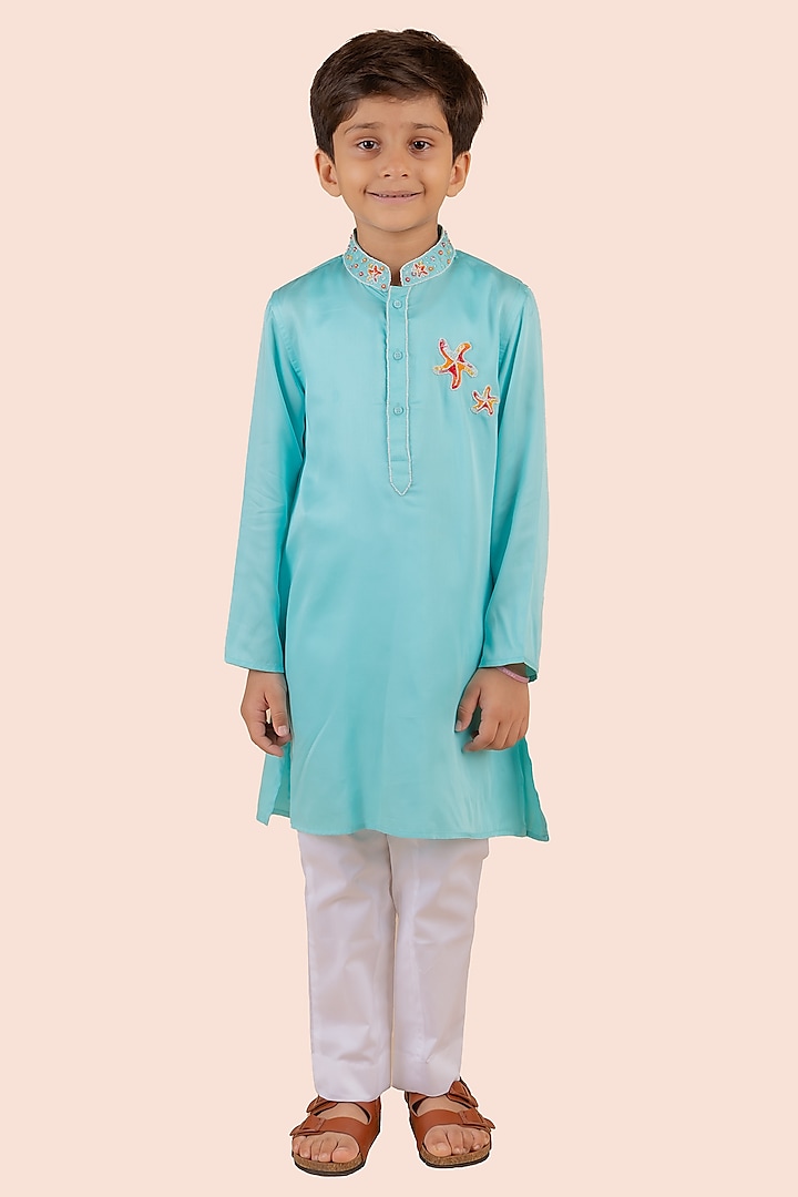 Blue Cotton Silk Embroidered Kurta Set For Boys by Partykles