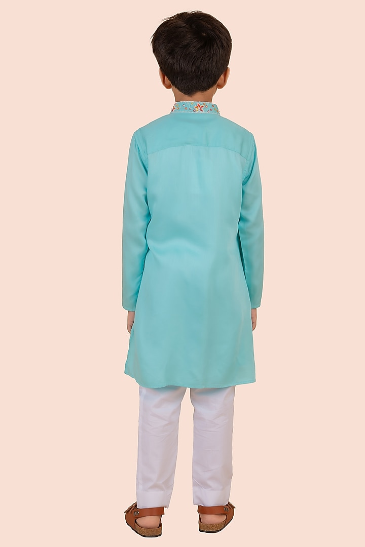 Blue Cotton Silk Embroidered Kurta Set For Boys by Partykles at Pernia's Pop Up Shop