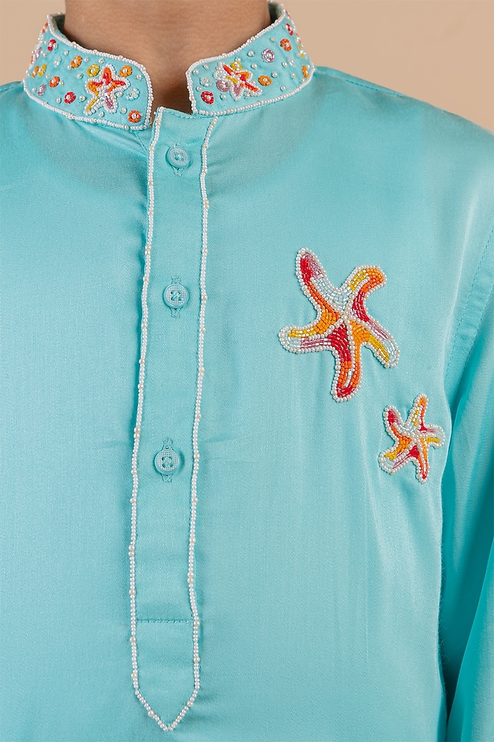 Blue Cotton Silk Embroidered Kurta Set For Boys by Partykles at Pernia's Pop Up Shop