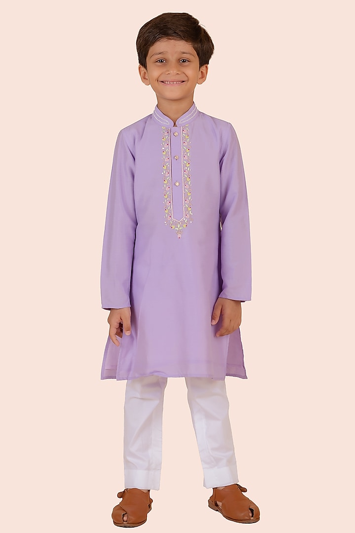 Purple Cotton Silk Embroidered Kurta Set For Boys by Partykles