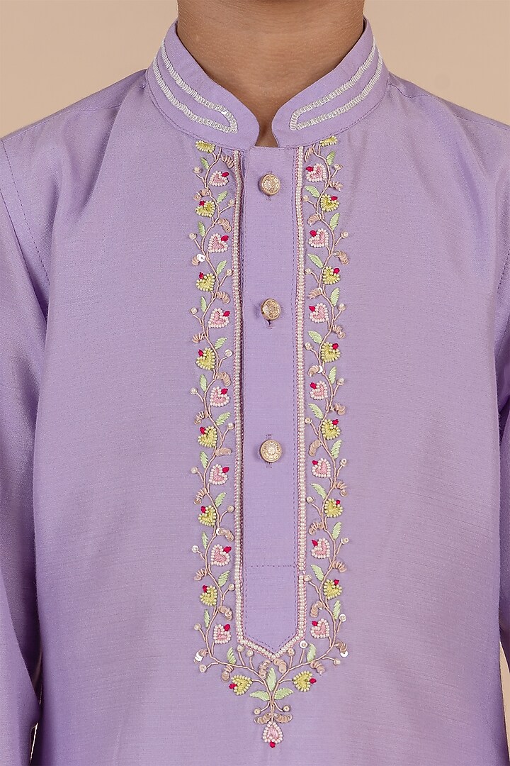 Purple Cotton Silk Embroidered Kurta Set For Boys by Partykles at Pernia's Pop Up Shop