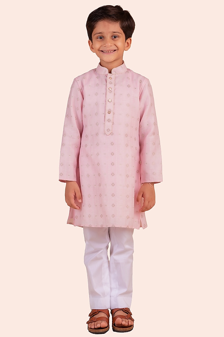 Pink Banarasi Silk Printed & Moti Embroidered kurta Set For Boys by Partykles at Pernia's Pop Up Shop