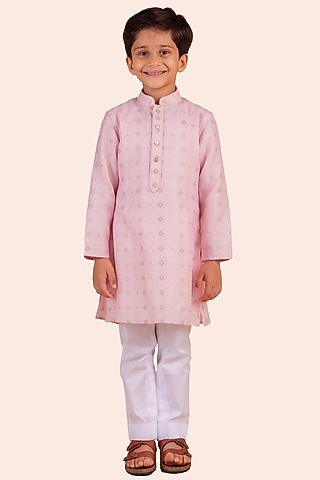 Pink Banarasi Silk Printed & Moti Embroidered kurta Set For Boys by Partykles