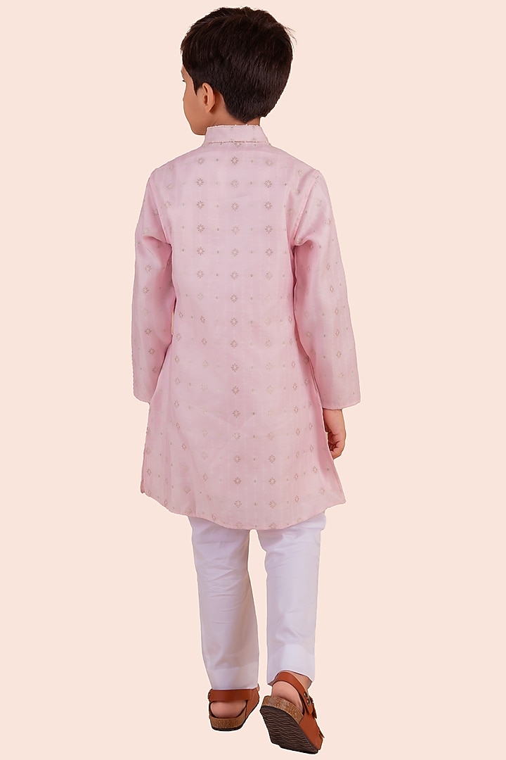 Pink Banarasi Silk Printed & Moti Embroidered kurta Set For Boys by Partykles at Pernia's Pop Up Shop