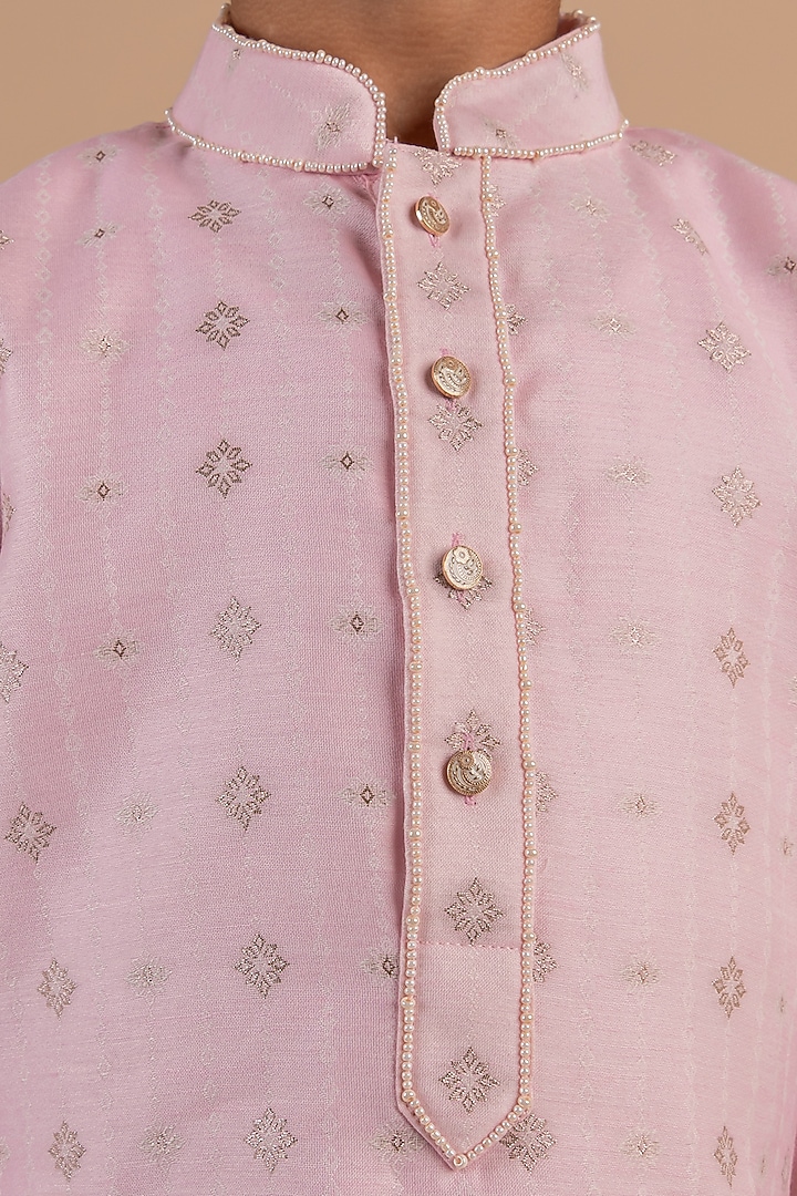 Pink Banarasi Silk Printed & Moti Embroidered kurta Set For Boys by Partykles at Pernia's Pop Up Shop