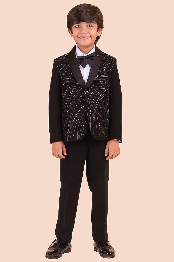 Black Japanese Bomario Cutdana Hand Embroidered Tuxedo Set For Boys by Partykles at Pernia's Pop Up Shop