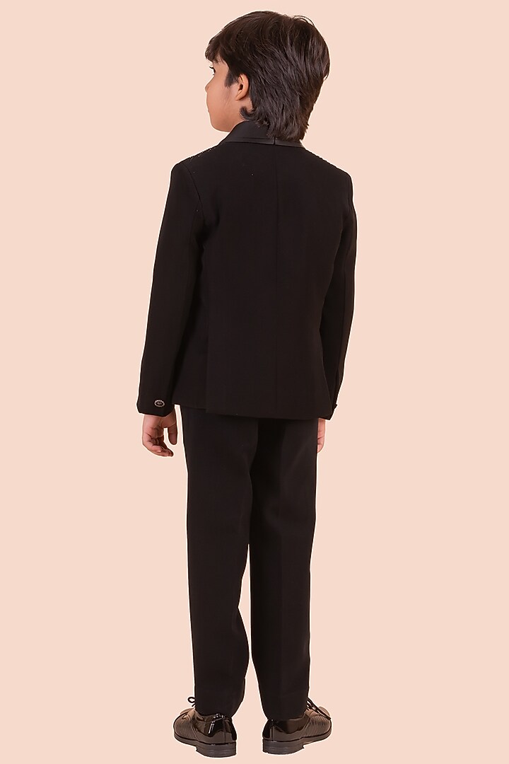 Black Japanese Bomario Cutdana Hand Embroidered Tuxedo Set For Boys by Partykles at Pernia's Pop Up Shop