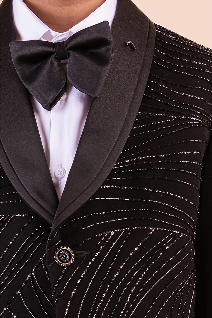 Black Japanese Bomario Cutdana Hand Embroidered Tuxedo Set For Boys by Partykles at Pernia's Pop Up Shop