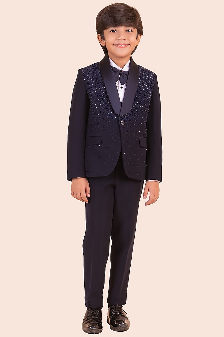 Navy Blue Japanese Bommario Cutdana Hand Embroidered Tuxedo Set For Boys by Partykles at Pernia's Pop Up Shop